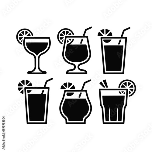 Cocktail icons with lemon slices and straws on a light gray background