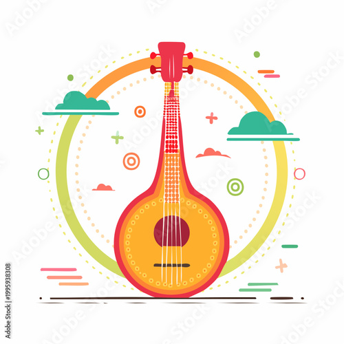 Flat Design Illustration of a Mandolin with Decorative Elements