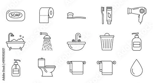 Set of 15 Bathroom Hygiene Outline Icons Vector