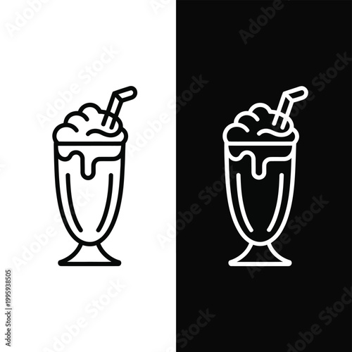 Milkshake icons in black and white colors with straws and whipped cream on top