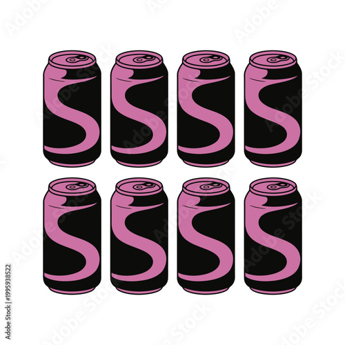 Soda cans arranged in two rows on a plain background with a large white S logo