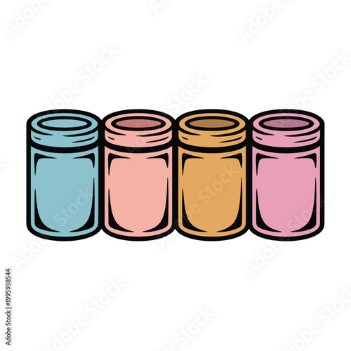 Colorful jars in a row on a white background for decoration or storage purposes