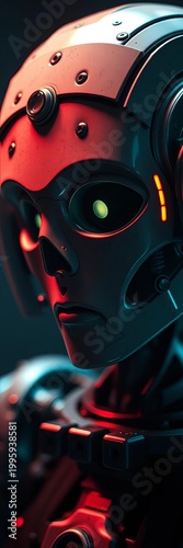 Enigmatic automaton, circuits hum, gaze pierces digital veil,  vintage,  glowing eyes