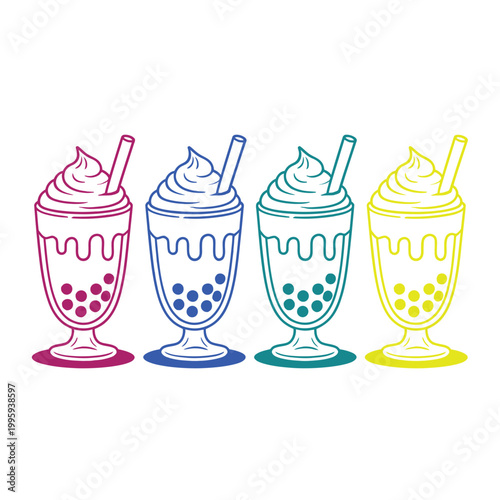 Four colorful bubble tea drinks with whipped cream and straws on a plain background