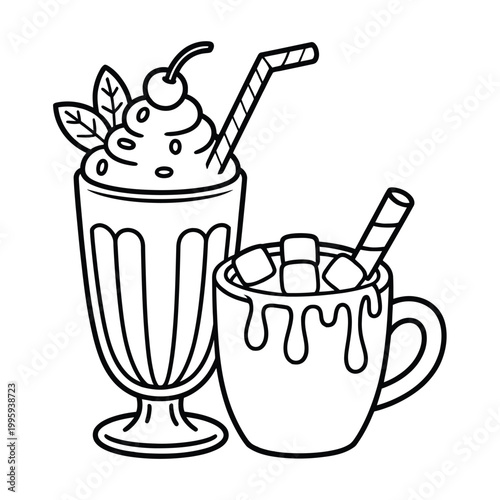 Delicious pink milkshake and chocolate hot chocolate with marshmallows and whipped cream toppings