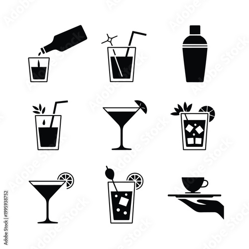 Cocktail icons set with various drinks and bar tools on a tray being served