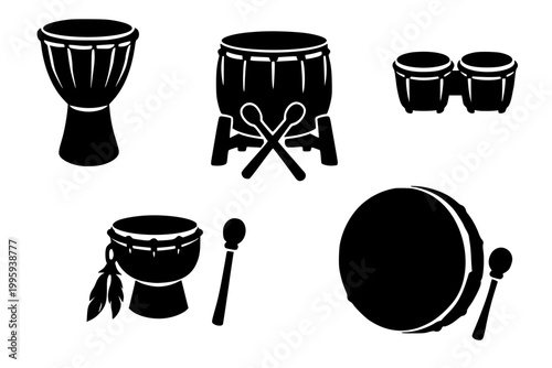 nk Drum Illustration, Black silhouettes of percussion instruments including drums and drumsticks