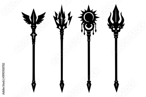 Ink Spear Illustration, Black silhouettes of decorative spear-like staffs with winged and sun motifs