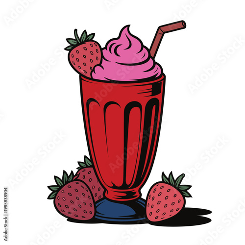 Strawberry milkshake with whipped cream and fresh strawberries in a tall glass