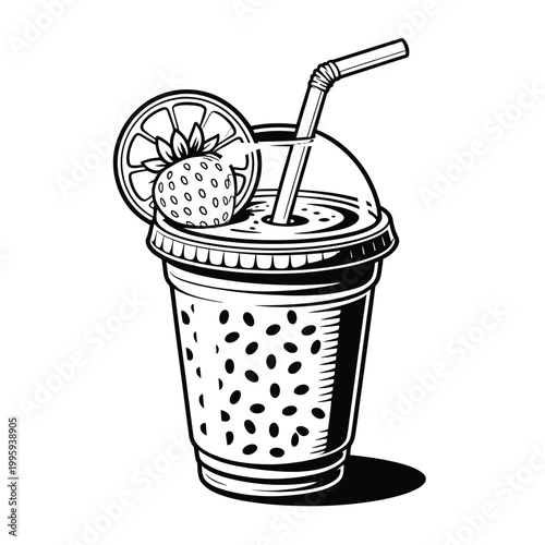 Strawberry bubble tea in a plastic cup with a straw and fruit garnish on top