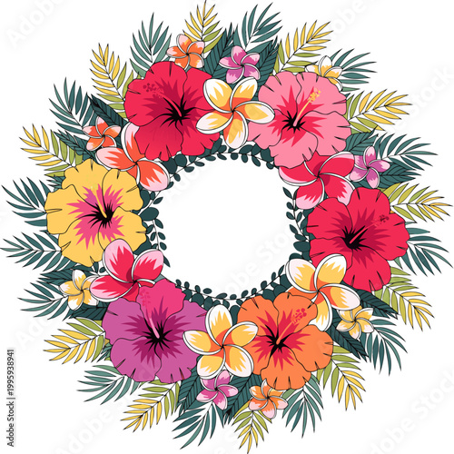 tropical lei flower wreath, hibiscus, plumeria and palm leaves, vibrant colors