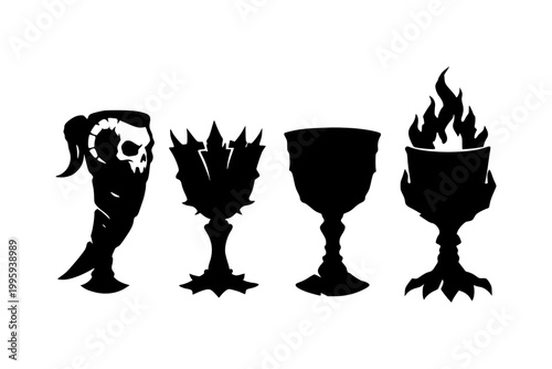 Ink Chalice Illustration, Black silhouettes of ornate chalices and goblets, including designs with skull and flames