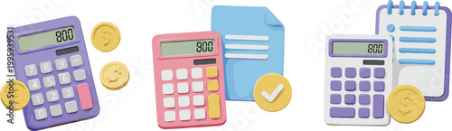 Finance accounting elements set with calculators coins documents and checklist business budgeting concept vector illustration isolated on light background