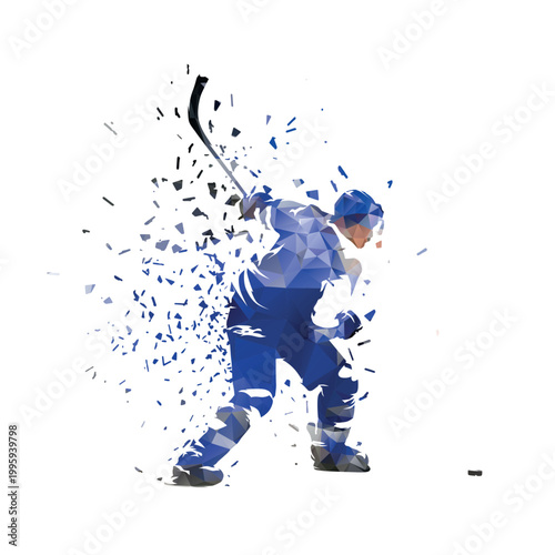 Ice hockey player shooting puck, isolated low poly vector illustration with distortion effect, hockey clipart