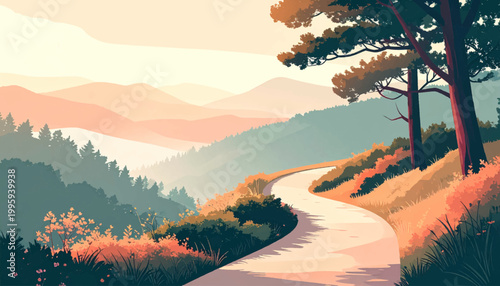 Sunlit mountain bend with glowing grasses and sweeping pastel range. Warm highland roadway beside tall trees and luminous valley layers. Graceful scenic turn through radiant slopes under a gentle sky