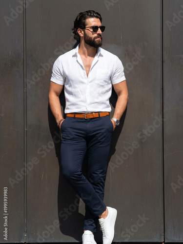 Handsome bearded man in white linen shirt and navy chinos leaning against a dark wall, urban summer fashion portrait