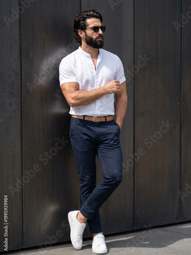 Handsome bearded man in white linen shirt and navy chinos leaning against a dark wall, urban summer fashion portrait