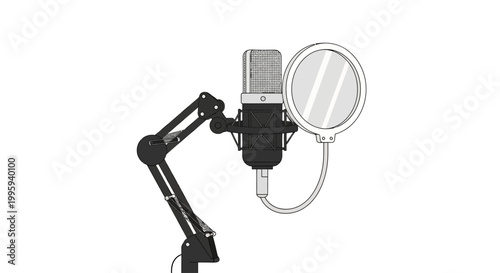 Black microphone with pop filter stand.