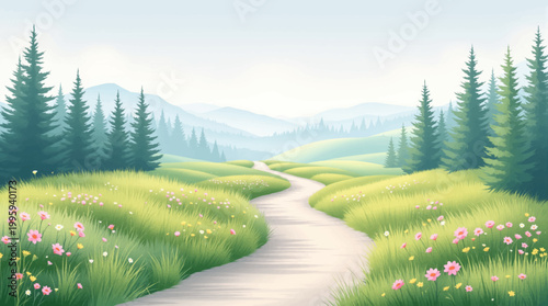 Cheerful flower meadow with bright path and cool distant timberland. Sunny pastoral scene with airy blossoms and rolling blue ridges. Light countryside artwork featuring open grass, fog