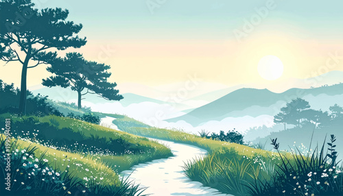 Morning hillside trail beneath glowing sun and cool misty ranges. Bright alpine outlook with curved path, pines, and fresh atmosphere. Uplifting landscape scene showing light haze 