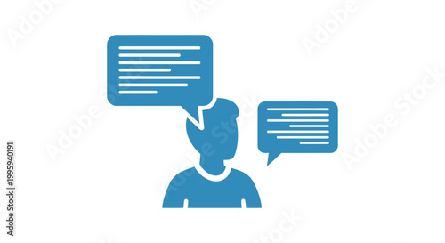 Blue silhouette person with speech bubbles.