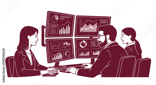 Business team analyzing financial data on multiple screens in office