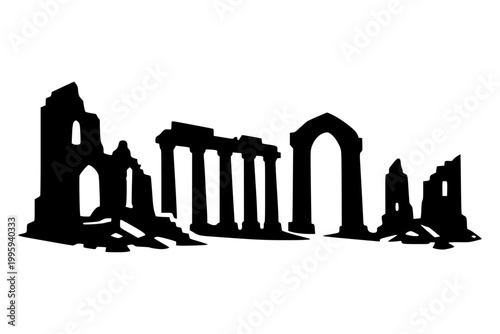Ink Ruins Illustration, Black silhouette of broken columns and arches resembling ancient Greek or Roman ruins