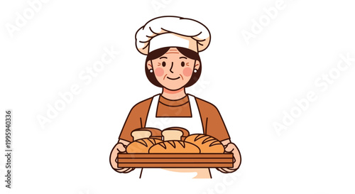 Cartoon baker holding bread tray.