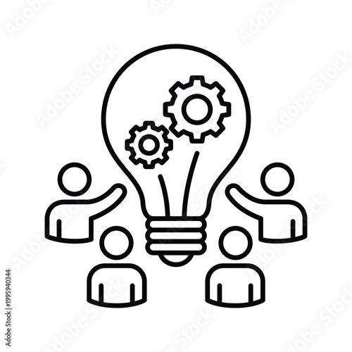 Light bulb with people and gears for brainstorming innovation and teamwork line icon
