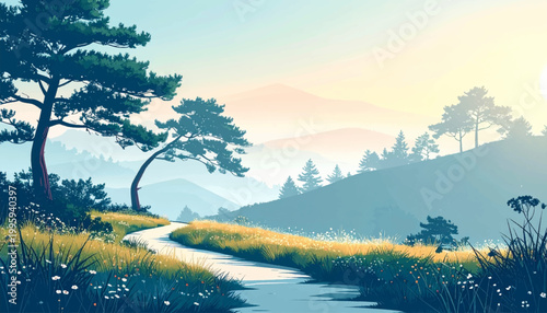 Graceful hill route with sculptural pines and luminous valley scenery. Refined sunrise landscape featuring wild grass and layered blue peaks. Elegant natural composition with winding track