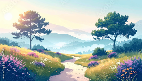 Lavender borders frame a winding lane through radiant alpine grass. Sunwashed foothill passage surrounded by colorful shrubs and fog. Serene upland corridor beneath glowing sky and layered woodland