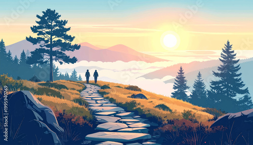 Dawn stones lead travelers across ridgeland above misty forest layers. Golden uplands host hikers beside pines beneath brilliant morning sun. Panoramic ascent featuring rocky route, silhouettes
