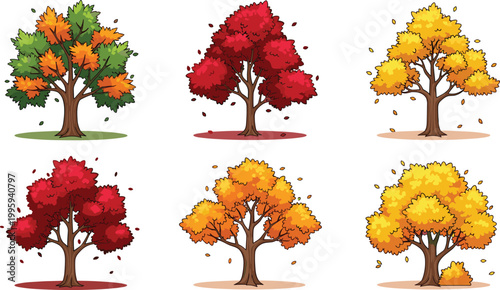 Autumn trees collection with colorful fall foliage in red, yellow, and orange illustrating seasonal change, forest nature elements, and decorative botanical vector illustration set