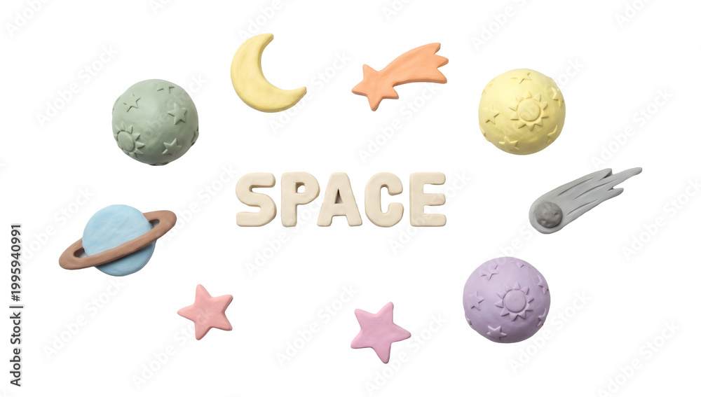 Fototapeta premium 3D clay space icons with celestial spheres and center subtitle in pastel colors