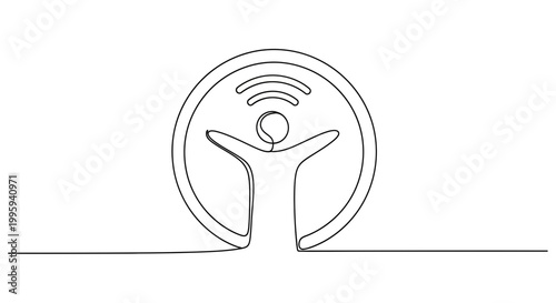 Person with arms raised in circle.