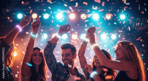 Group of happy friends dancing and celebrating at a vibrant nightclub party with confetti.