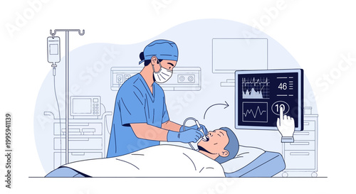 Anesthesiologist Performing Intubation on Patient During Surgery with Vital Signs Monitor