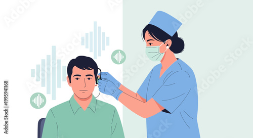 Audiologist performing hearing test on patient with sound wave graphics