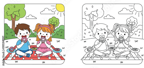 Kids picnic scene with boy and girl eating sweet donuts in the park. Vector illustration set including colorful cartoon and black and white coloring book page for children education.
