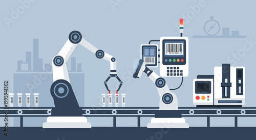 Automated robotic arms in a factory assembly line, scanning test tubes for quality control.