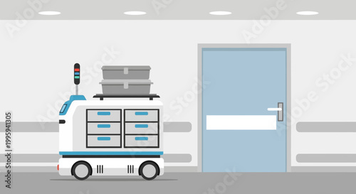 Autonomous delivery robot with medical supplies in a hospital corridor