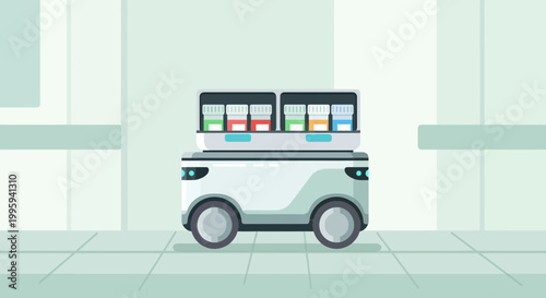 Autonomous delivery robot transporting medical samples in a modern laboratory or hospital corridor