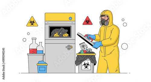 Biohazard Waste Disposal: Scientist in Hazmat Suit Handling Toxic Materials