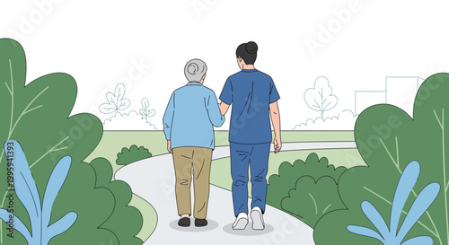Caregiver assisting elderly person walking in park, promoting health and well-being