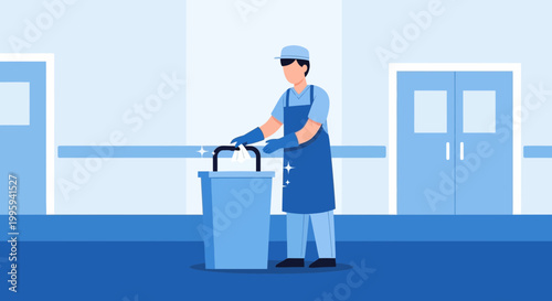 Cleaner in uniform with cleaning cart in a modern hallway, hygiene and sanitation concept