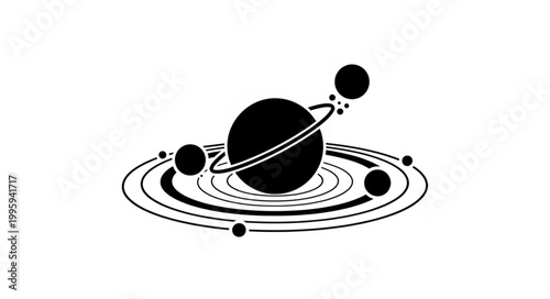 Stylized Black Silhouette of a Ringed Planet and Moons.