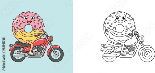 Cute Kawaii Donut Character Riding a Red Motorcycle, Colored and Line Art Vector Illustration for Kids Coloring Book Page, Stickers, Funny Bakery Mascot and Food Delivery Service Design