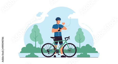 Cyclist checking smartwatch after outdoor bike ride in park, healthy lifestyle concept