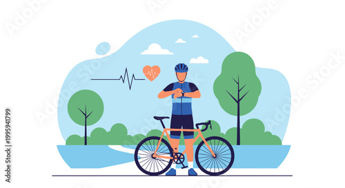 Cyclist checking smartwatch with heart rate monitor in park, healthy lifestyle concept