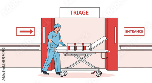Medical Triage Entrance: Nurse Pushing Stretcher into Emergency Room